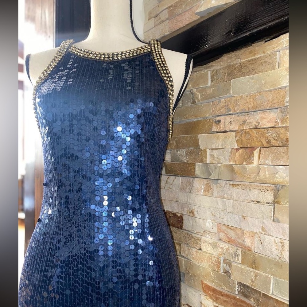 Blue and gold sequin dress with split